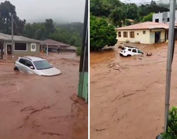 Caos em Barra do Rio Azul: cidade foi invadida pela água e carros arrastados