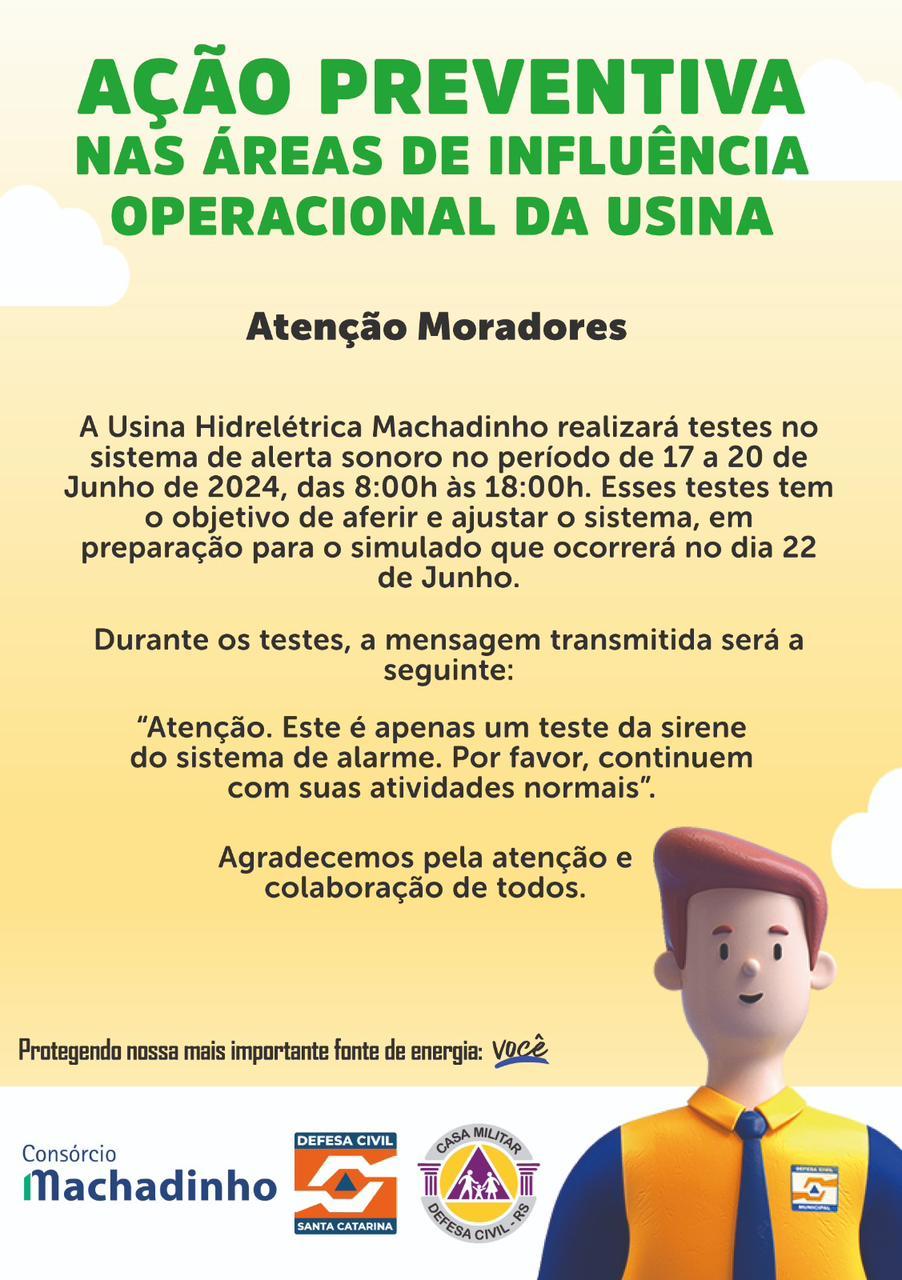 Consórcio Machadinho e Defesa Civil realizam treinamento simulado de evacuação nas zonas de Autossalvamento da Usina Hidrelétrica Machadinho