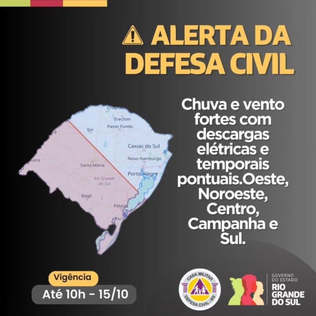 Defesa Civil alerta para possibilidade de temporais no Rio Grande do Sul nas próximas horas