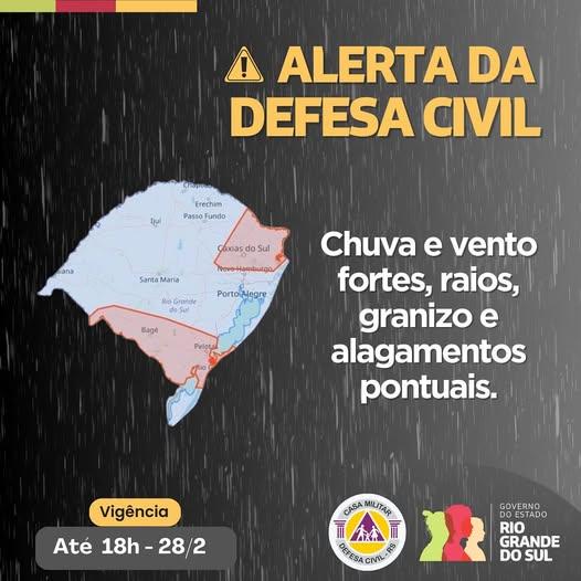 Defesa Civil divulga alerta para temporais com chuva intensa nesta sexta-feira