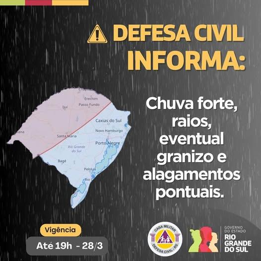 Defesa Civil informa sobre chuva forte, com raios, eventual granizo e alagamentos pontuais atuando na região em vermelho no mapa