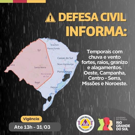 Defesa Civil informa: Temporais, com chuva e vento fortes, raios, granizo e alagamentos. Emergência ligue 190/193.