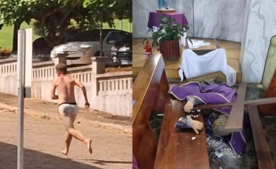 Homem seminu invade igreja em SC e destrói objetos com mais de 100 anos