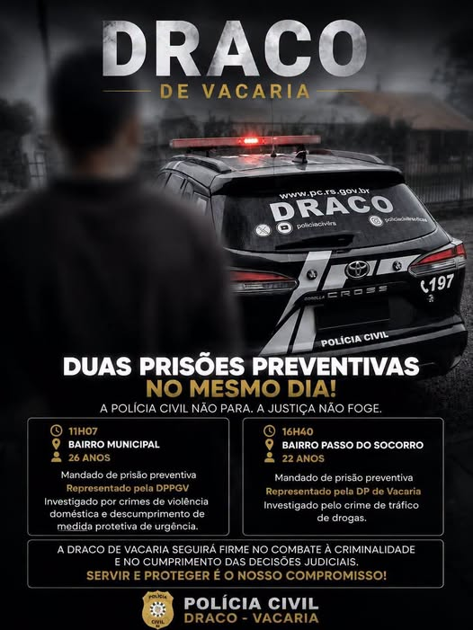 DRACO DE VACARIA CUMPRE DOIS MANDADOS DE PRISÃO PREVENTIVA