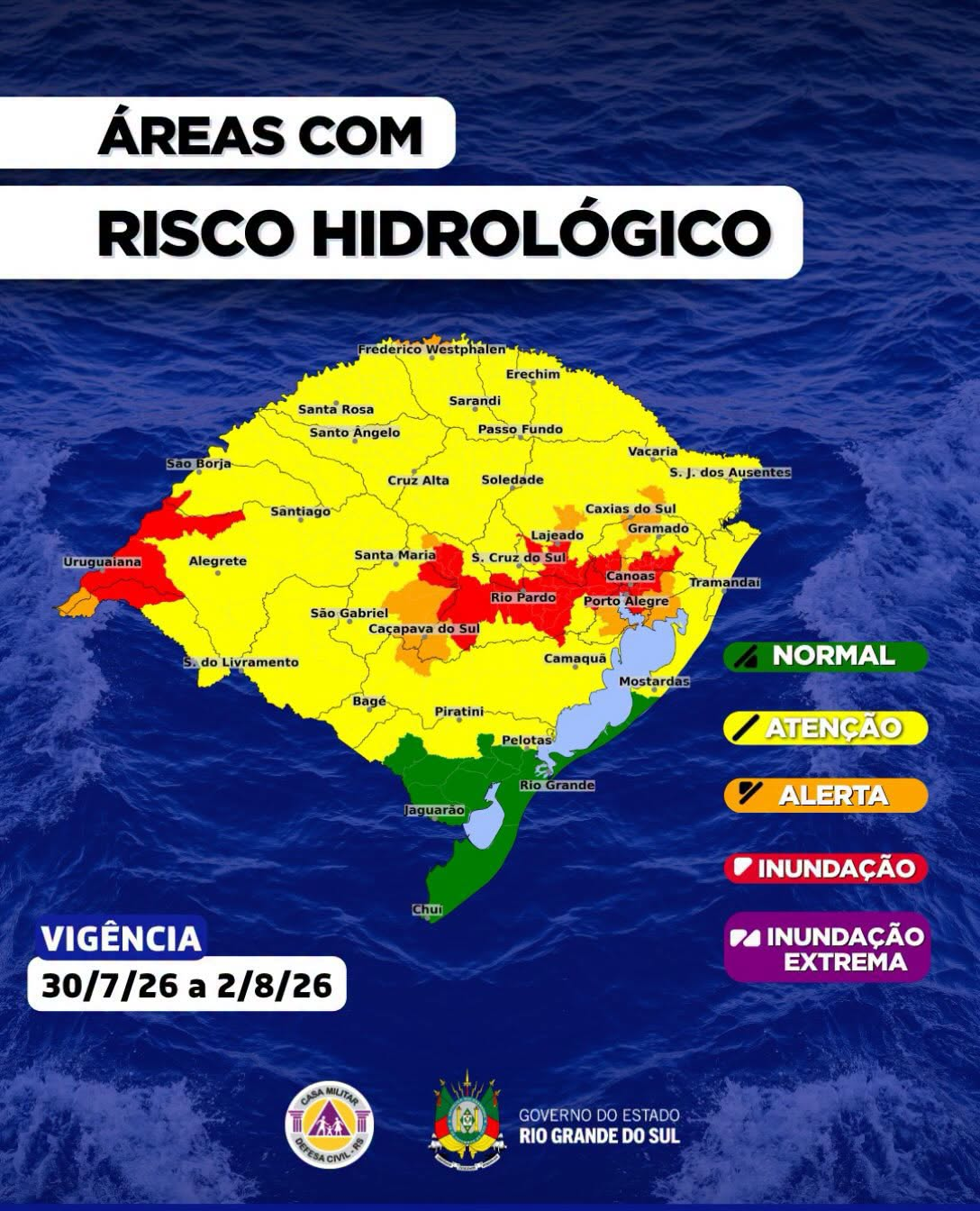 O CENTRO DE MONITORAMENTO DA DEFESA CIVIL DO ESTADO ATUALIZA O PROGNÓSTICO HIDROLÓGICO PARA OS PRÓXIMOS DIAS: