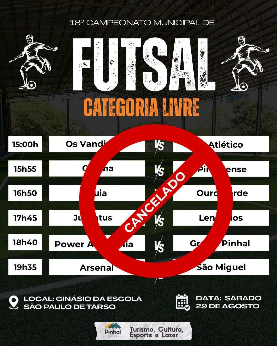 18º Campeonato Municipal de Futsal: rodada deste sábado está cancelada em Pinhal da Serra