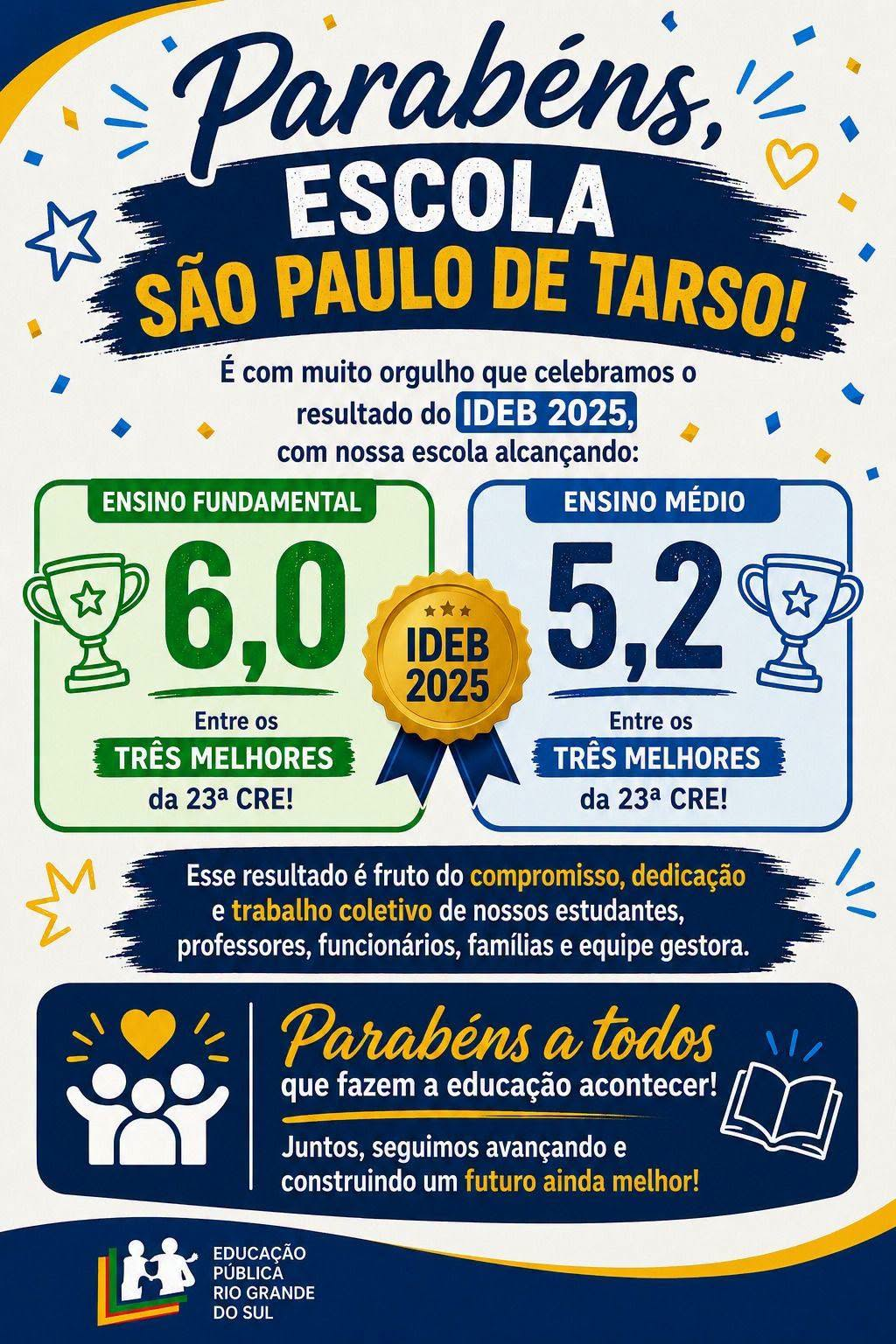 Escola São Paulo de Tarso de Pinhal da Serra se destaca entre os melhores resultados do IDEB 2025 na 23ª CRE