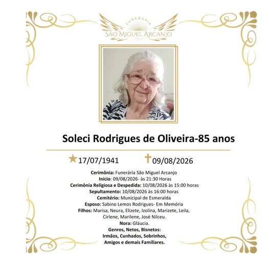 Nota de Falecimento – Soleci Rodrigues de Oliveira, aos 85 anos