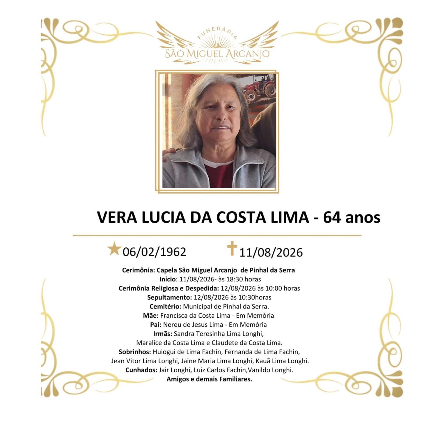 🕊️ Nota de Falecimento — Vera Lúcia da Costa Lima