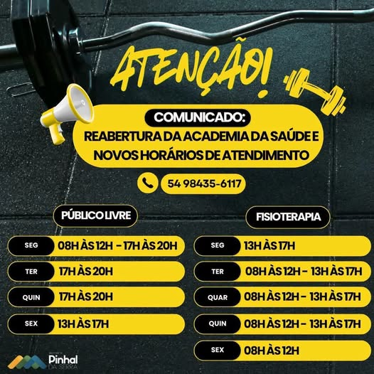 Secretaria de Saúde de Pinhal da Serra  anuncia reabertura da Academia da Saúde com novos horários de atendimento