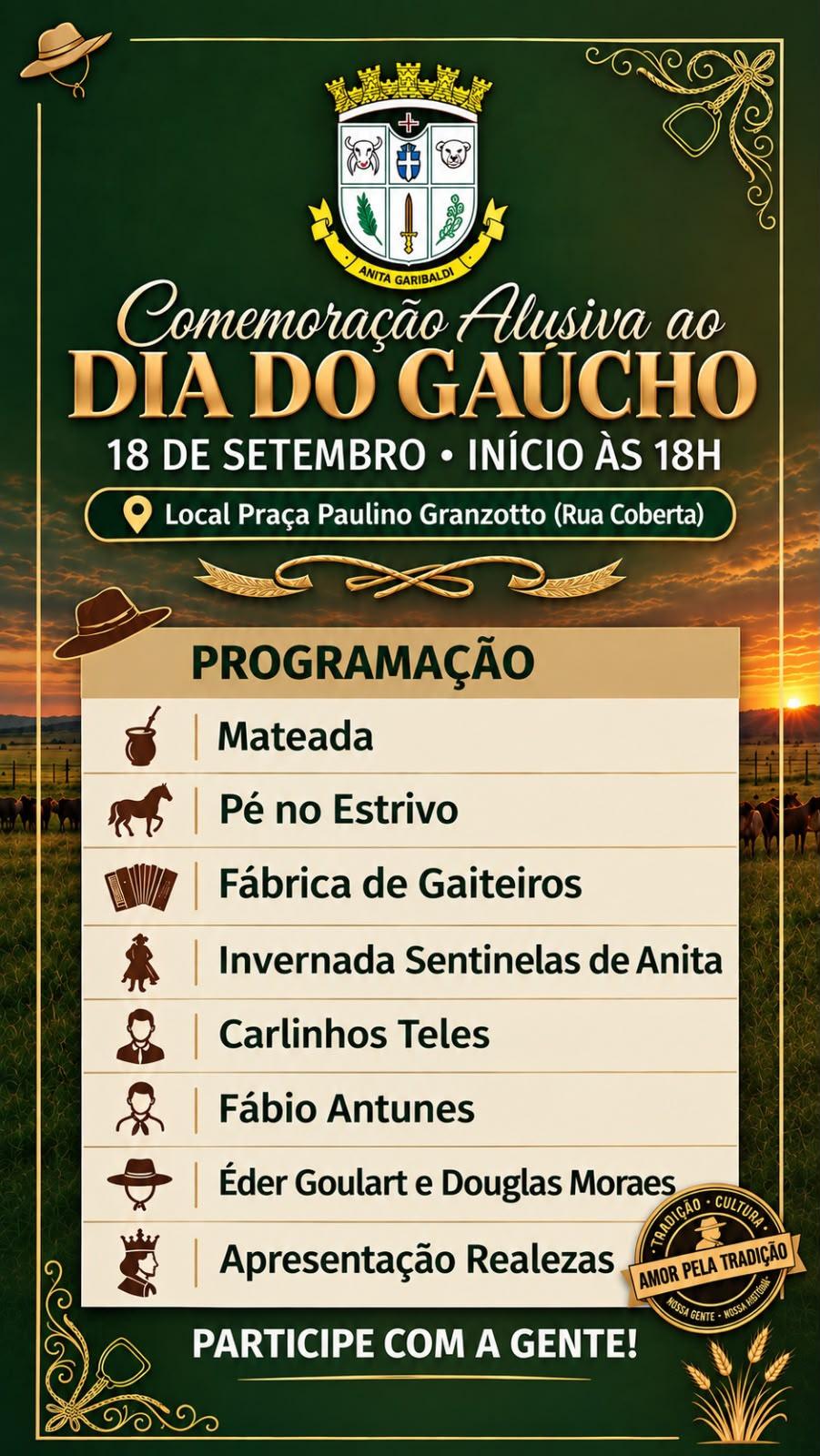 Anita Garibaldi promove comemoração alusiva ao Dia do Gaúcho nesta quinta-feira